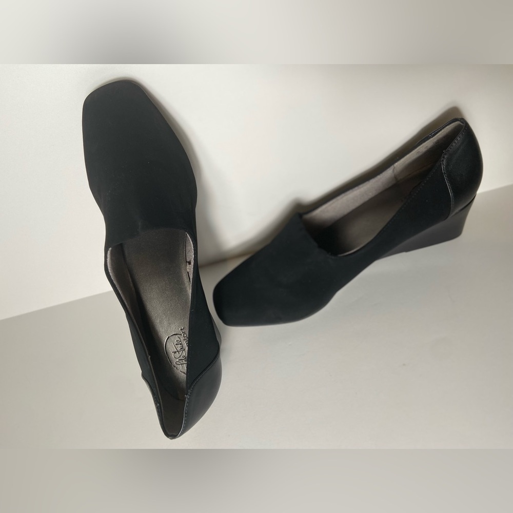 Life Stride~Comfort~Black Faux Suede & Leather~Square Toe~Wedge Loafer~Size 10W